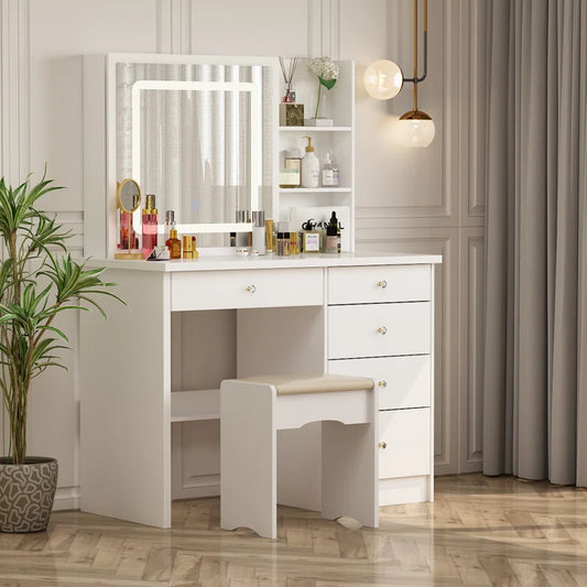 ADOUER WOOD "Elegant White Vanity Dressing Table with Lighted Mirror, Drawers, and Cushioned Stool"