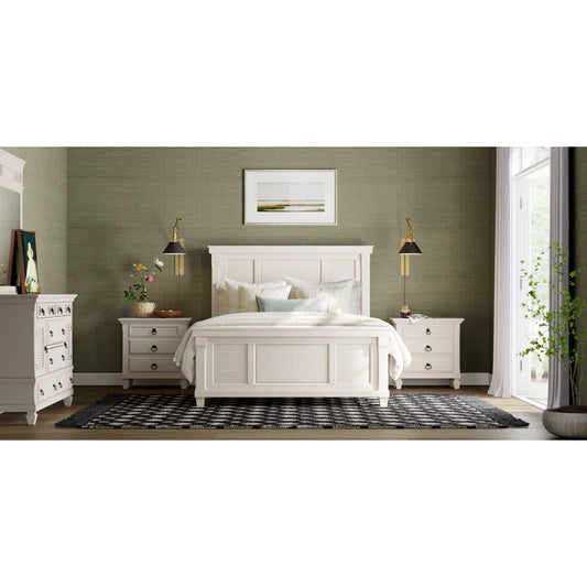 Adouer Wood "Solid Sheesham Wood Panel Bed with Louvered Design – White Finish"