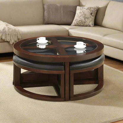 ADOUER WOOD Solid Sheesham Wood Glass Top Coffee Table Set With 4 Setting Stool (Walnut Finish)