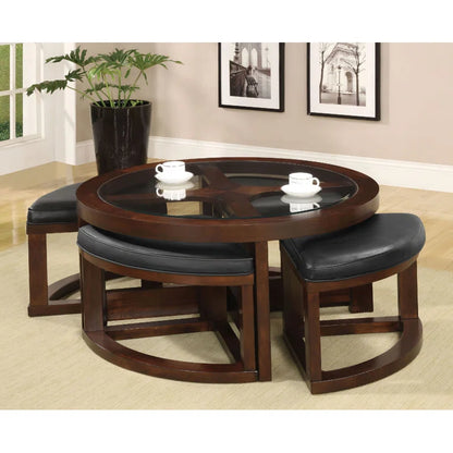 ADOUER WOOD Solid Sheesham Wood Glass Top Coffee Table Set With 4 Setting Stool (Walnut Finish)