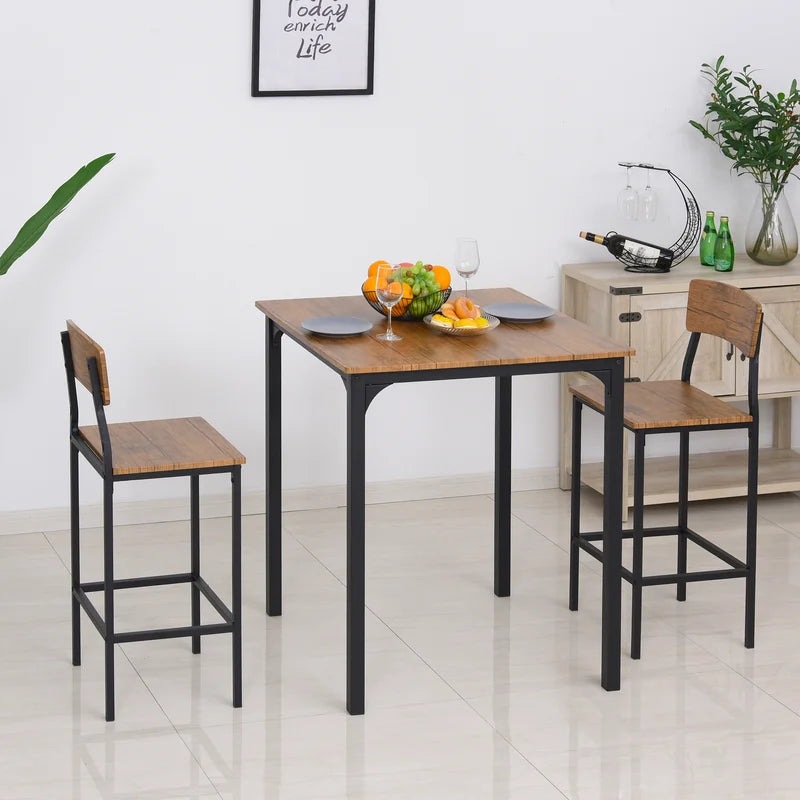 Adouer Wood "Modern Industrial Bar Table Set with 2 Chairs - Brown Wood and Black Metal Frame"