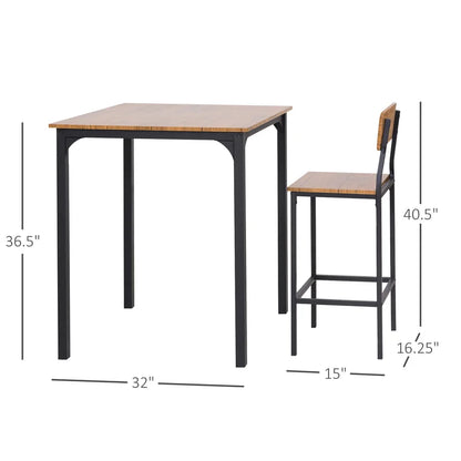 Adouer Wood "Modern Industrial Bar Table Set with 2 Chairs - Brown Wood and Black Metal Frame"