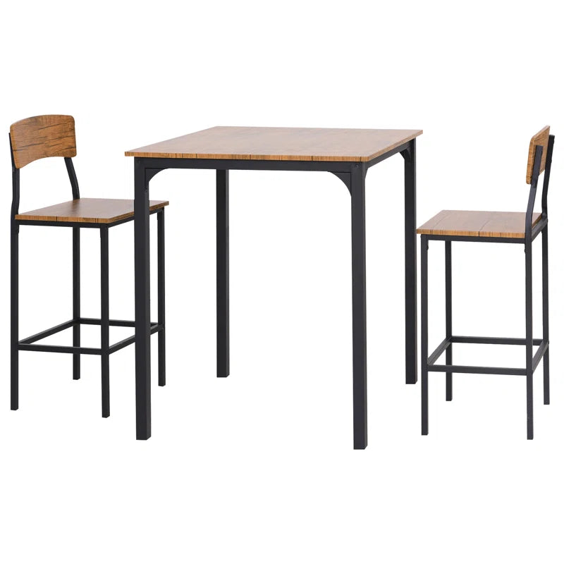 Adouer Wood "Modern Industrial Bar Table Set with 2 Chairs - Brown Wood and Black Metal Frame"