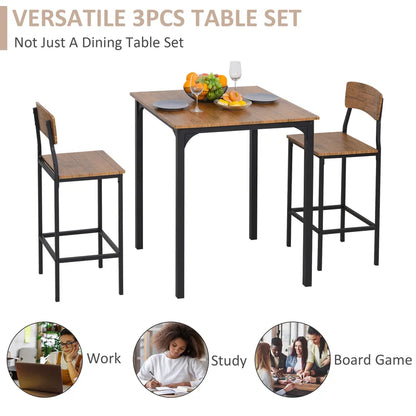 Adouer Wood "Modern Industrial Bar Table Set with 2 Chairs - Brown Wood and Black Metal Frame"