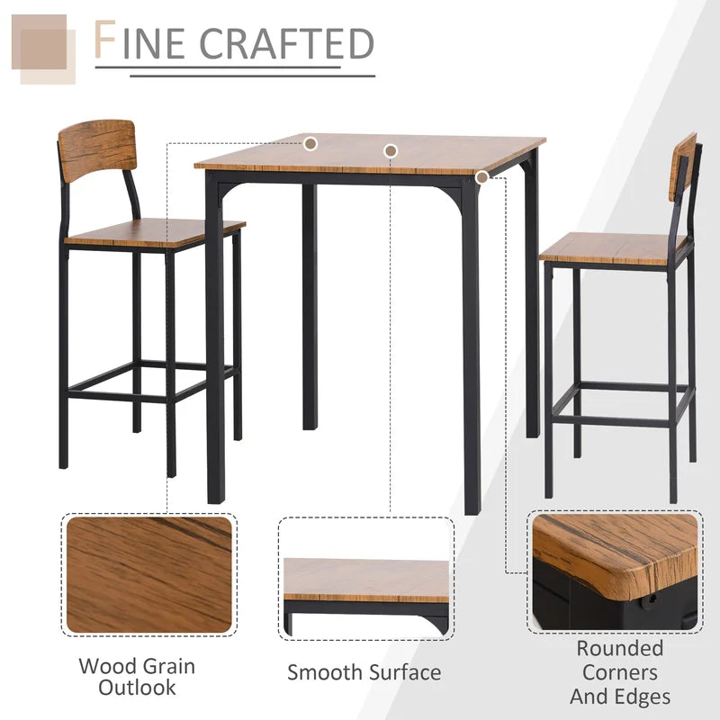 Adouer Wood "Modern Industrial Bar Table Set with 2 Chairs - Brown Wood and Black Metal Frame"