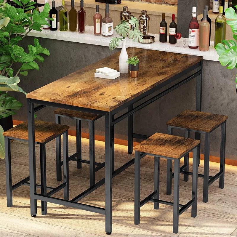 Adouer Wood "5-Piece Bar Table Set with Black Legs and Natural Wood Finish Top"