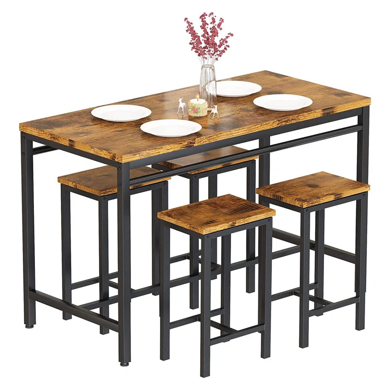 Adouer Wood "5-Piece Bar Table Set with Black Legs and Natural Wood Finish Top"