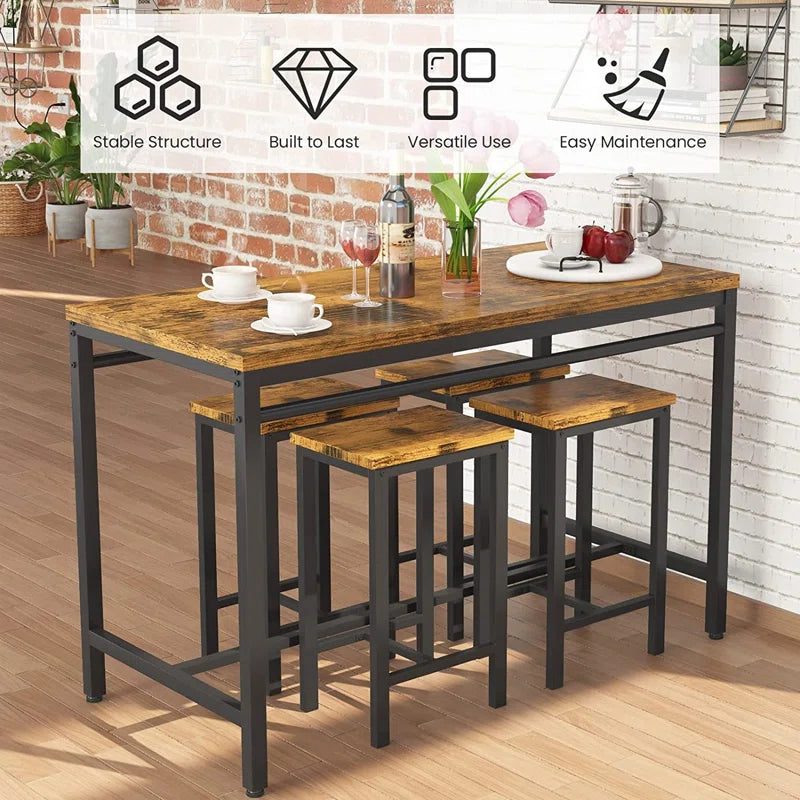 Adouer Wood "5-Piece Bar Table Set with Black Legs and Natural Wood Finish Top"