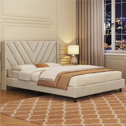 ADOUER WOOD Solid Wood Frame Upholstered Bed, Without Storage