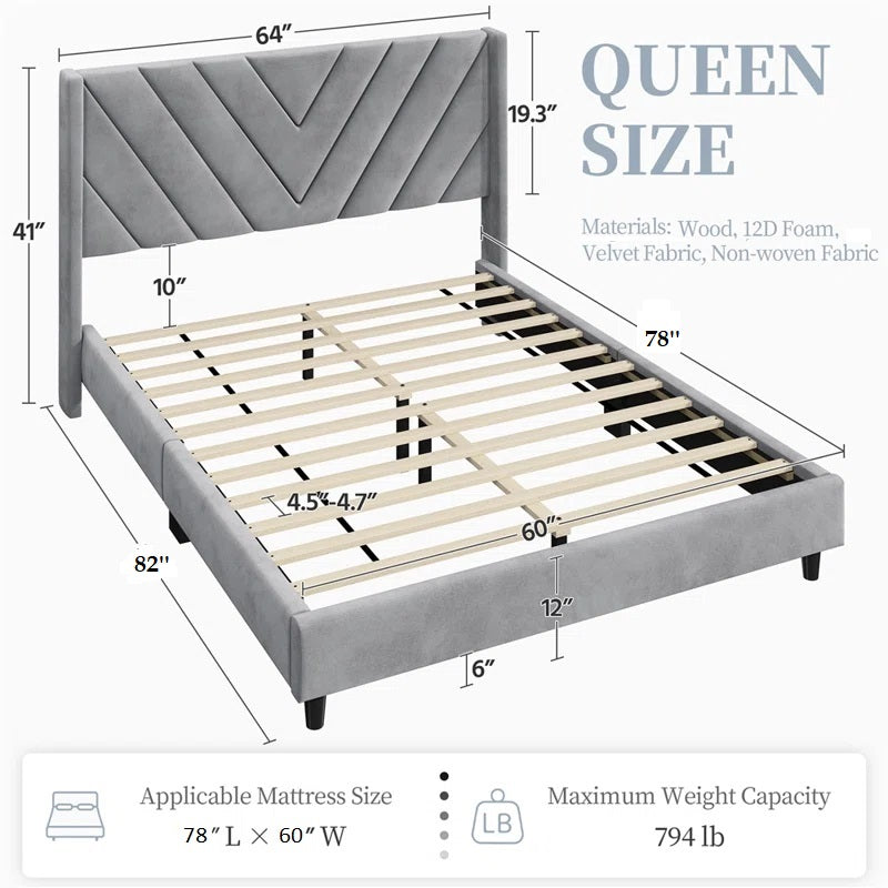 ADOUER WOOD Solid Wood Frame Upholstered Bed, Without Storage