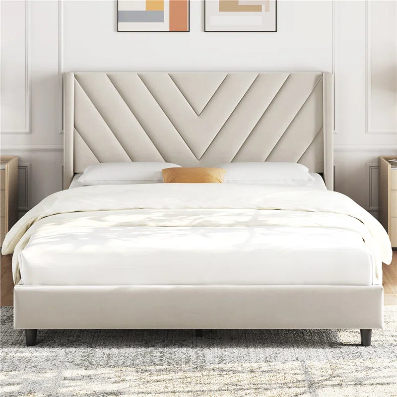 ADOUER WOOD Solid Wood Frame Upholstered Bed, Without Storage