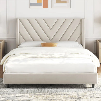 ADOUER WOOD Solid Wood Frame Upholstered Bed, Without Storage