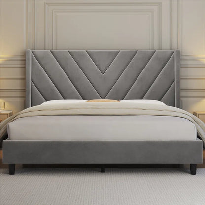 ADOUER WOOD Solid Wood Frame Upholstered Bed, Without Storage