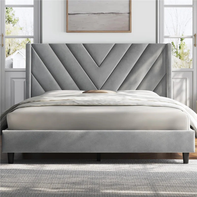 ADOUER WOOD Solid Wood Frame Upholstered Bed, Without Storage