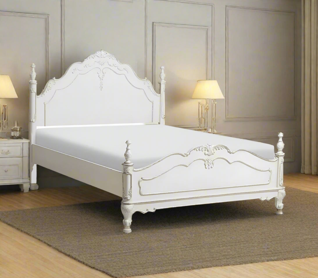 ADOUER WOOOD Solid Sheesham Wood Victorian Poster Bed, Milky White