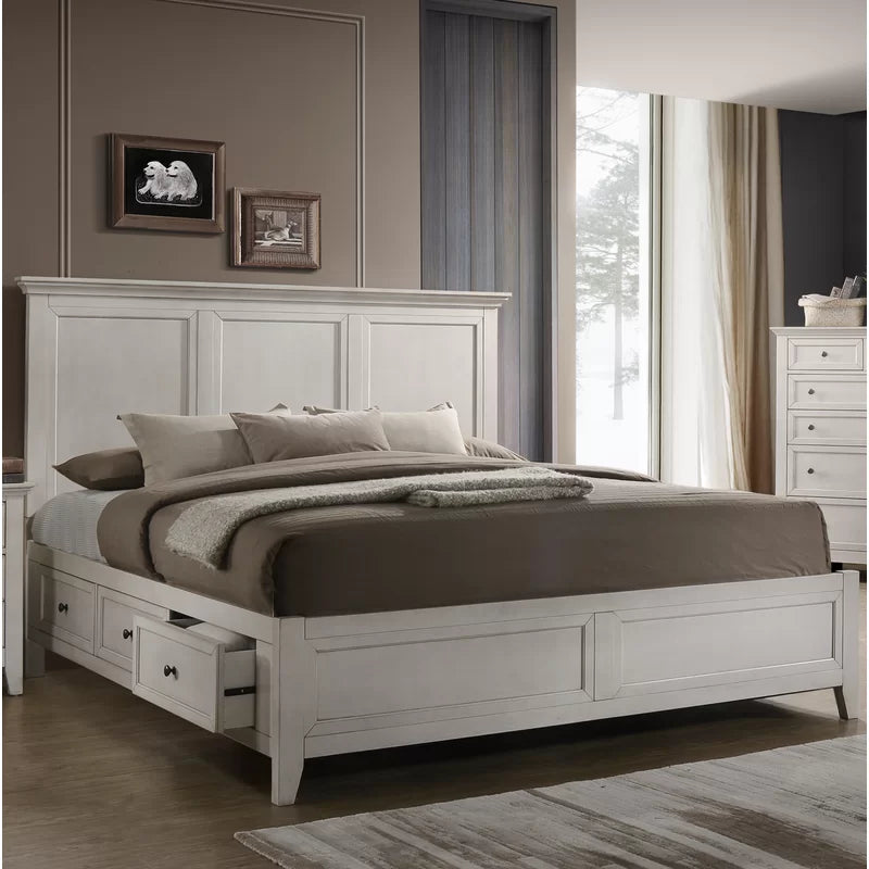 ADOUER WOOD Solid Sheesham Wood Classic Bed With one side 3 Storage Drawer–White Finish