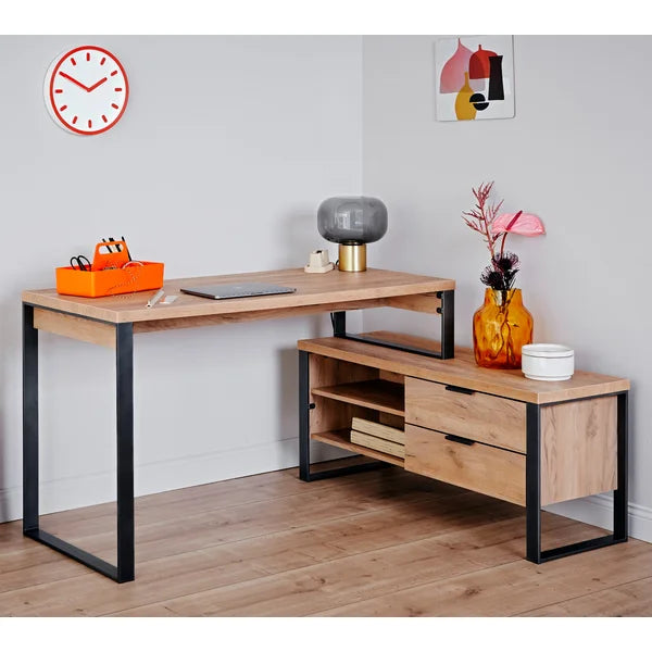 Elegant Look Solid Acacia Wood L-Shape With Side Cabinet Study & Office Table (Natural)