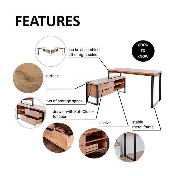 Elegant Look Solid Acacia Wood L-Shape With Side Cabinet Study & Office Table (Natural)