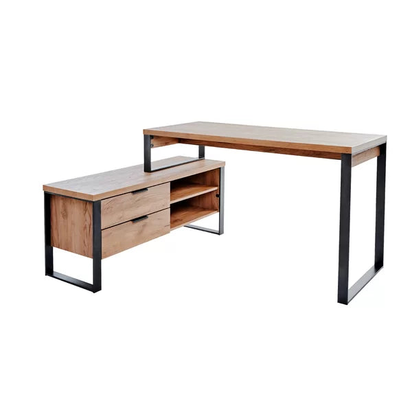 Elegant Look Solid Acacia Wood L-Shape With Side Cabinet Study & Office Table (Natural)