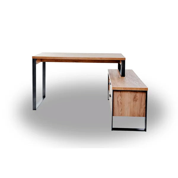 Elegant Look Solid Acacia Wood L-Shape With Side Cabinet Study & Office Table (Natural)