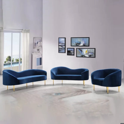 ADOUER WOOD Modern Curved Velvet Sofa Set with Gold Legs - Navy Blue