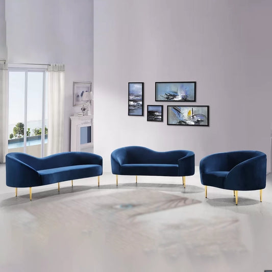 ADOUER WOOD Modern Curved Velvet Sofa Set with Gold Legs - Navy Blue