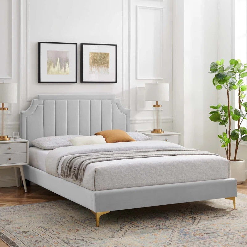 ADOUER WOOD Solid Frame Upholstered Bed With Antique Golden Leg For Bedroom, Without Storage