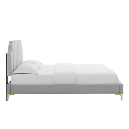 ADOUER WOOD Solid Frame Upholstered Bed With Antique Golden Leg For Bedroom, Without Storage