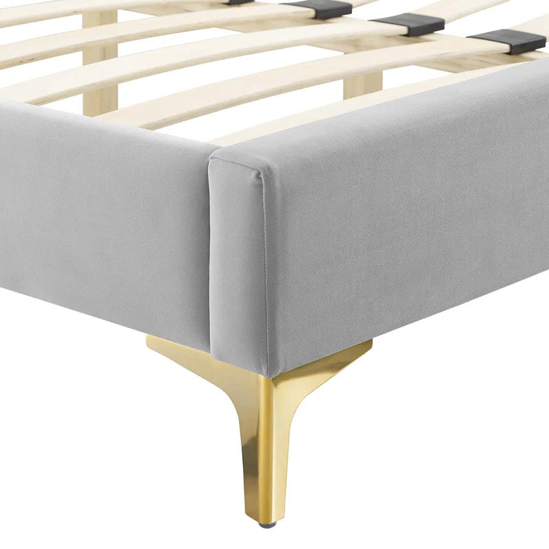 ADOUER WOOD Solid Frame Upholstered Bed With Antique Golden Leg For Bedroom, Without Storage