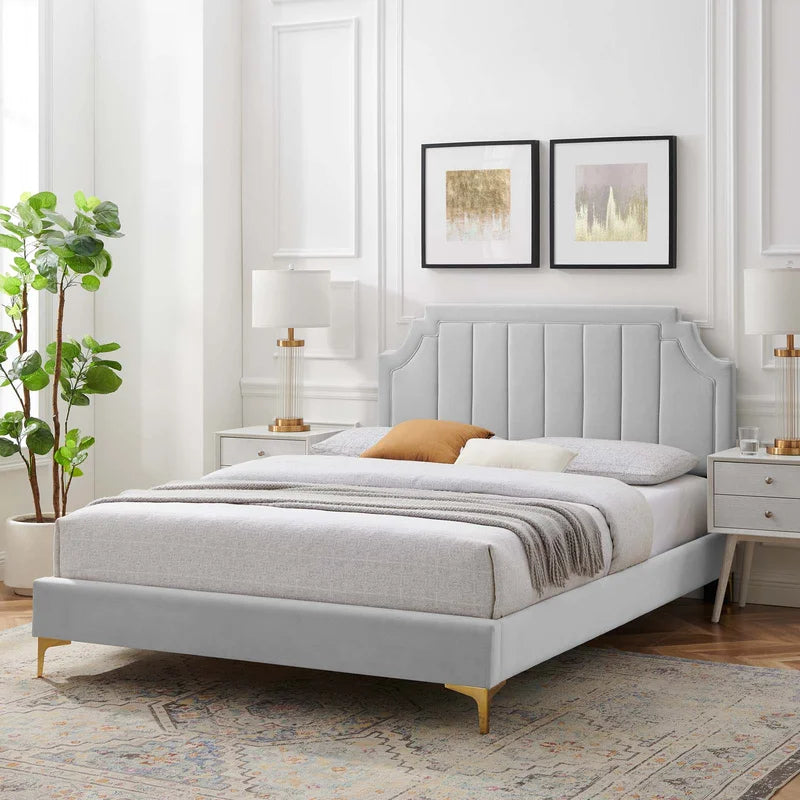 ADOUER WOOD Solid Frame Upholstered Bed With Antique Golden Leg For Bedroom, Without Storage