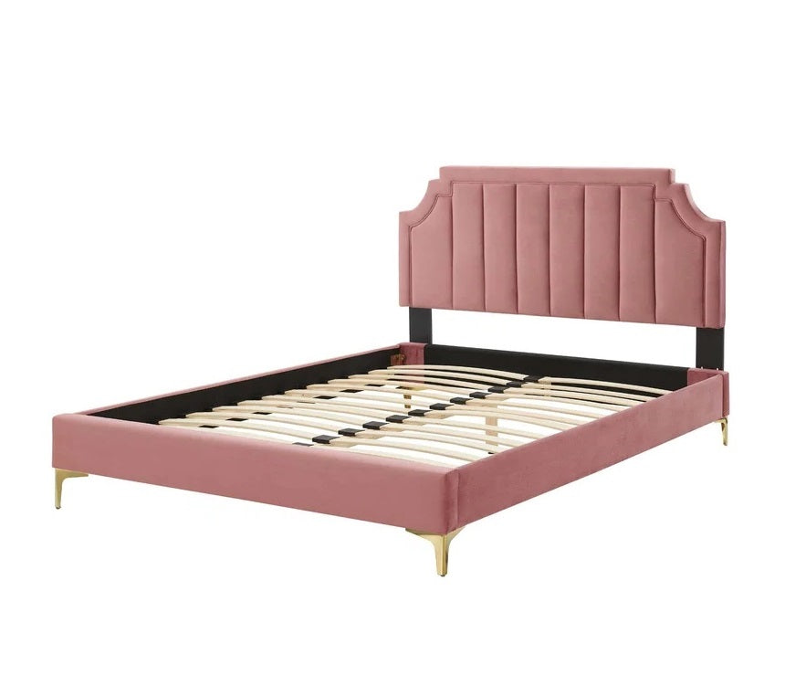 ADOUER WOOD Solid Frame Upholstered Bed With Antique Golden Leg For Bedroom, Without Storage