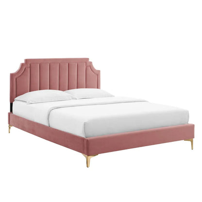 ADOUER WOOD Solid Frame Upholstered Bed With Antique Golden Leg For Bedroom, Without Storage