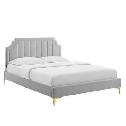 ADOUER WOOD Solid Frame Upholstered Bed With Antique Golden Leg For Bedroom, Without Storage