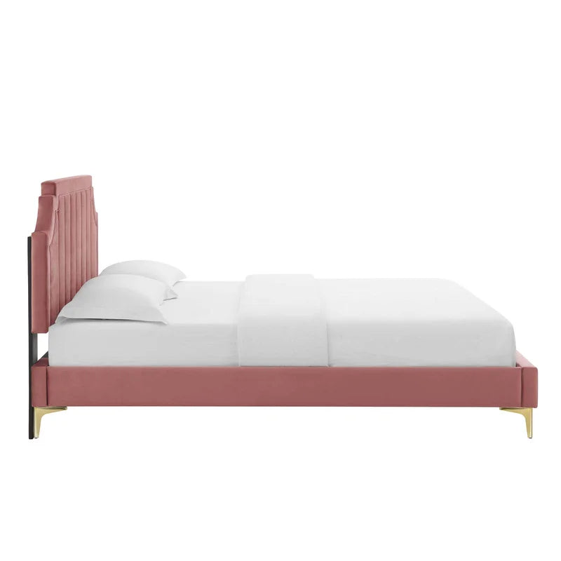 ADOUER WOOD Solid Frame Upholstered Bed With Antique Golden Leg For Bedroom, Without Storage