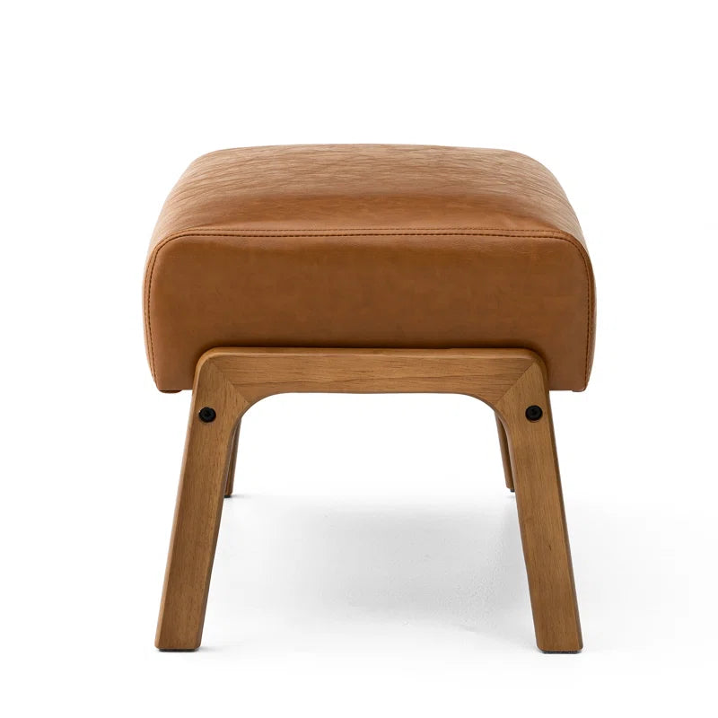 ADOUER WOOD Solid Acacia Wood Stool With Brown Leatherette