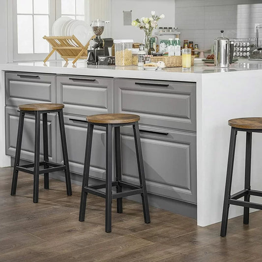 Adouer Wood "Modern Netural Solid Wood Round Top Bar Stools with Black Metal Frame - Set of 2"