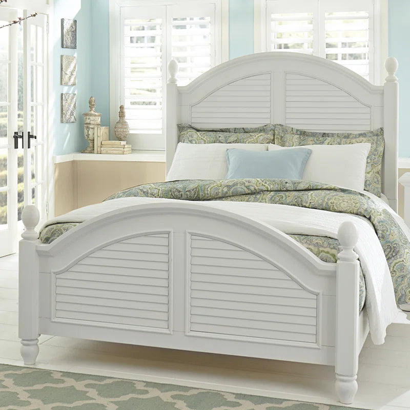 Adouer Wood "Coastal White Solid Sheesham Wood Bed with Arched Headboard and Shutter Detailing"