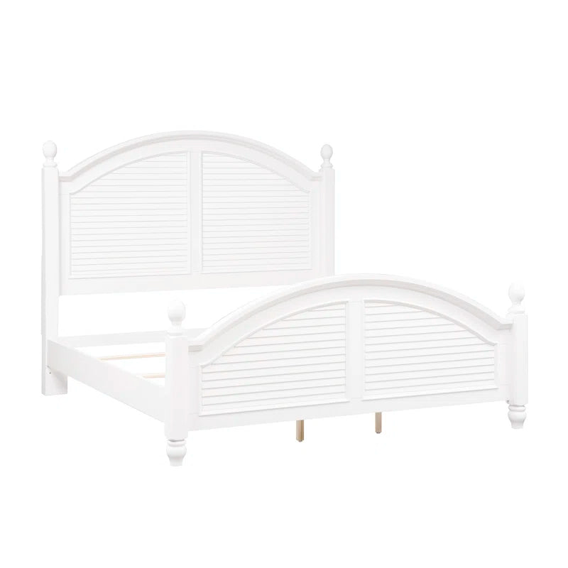 Adouer Wood "Coastal White Solid Sheesham Wood Bed with Arched Headboard and Shutter Detailing"