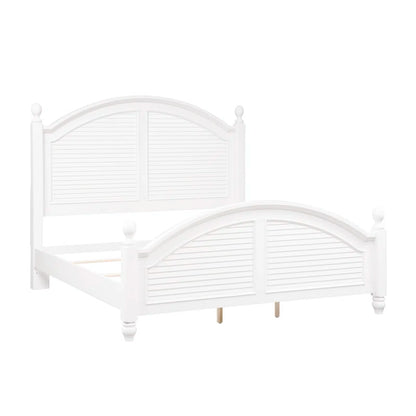 Adouer Wood "Coastal White Solid Sheesham Wood Bed with Arched Headboard and Shutter Detailing"