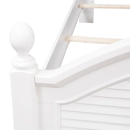 Adouer Wood "Coastal White Solid Sheesham Wood Bed with Arched Headboard and Shutter Detailing"