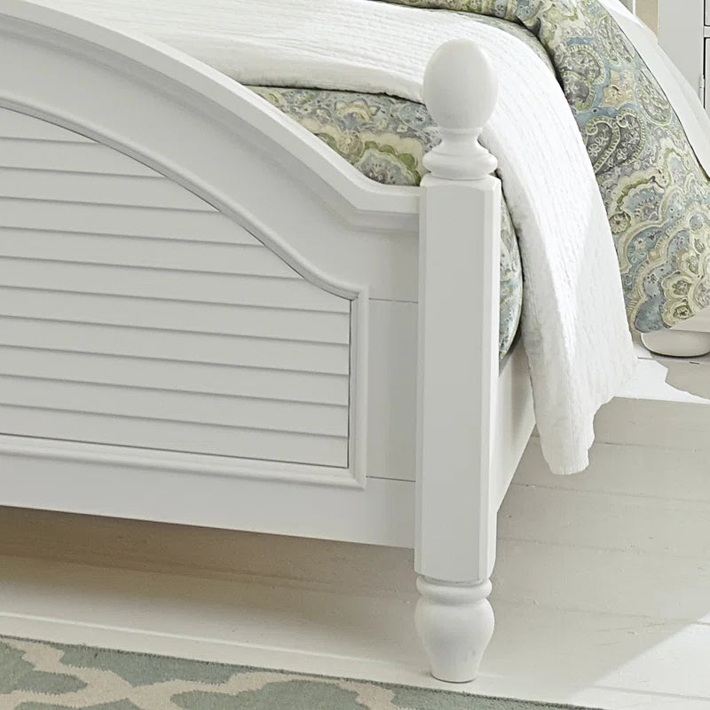 Adouer Wood "Coastal White Solid Sheesham Wood Bed with Arched Headboard and Shutter Detailing"