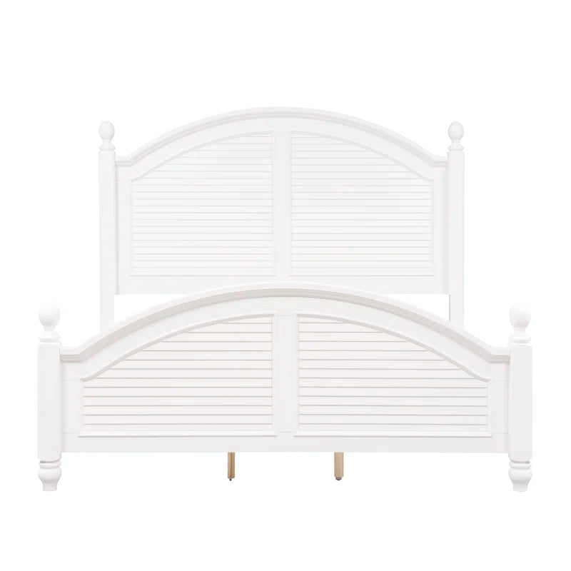 Adouer Wood "Coastal White Solid Sheesham Wood Bed with Arched Headboard and Shutter Detailing"