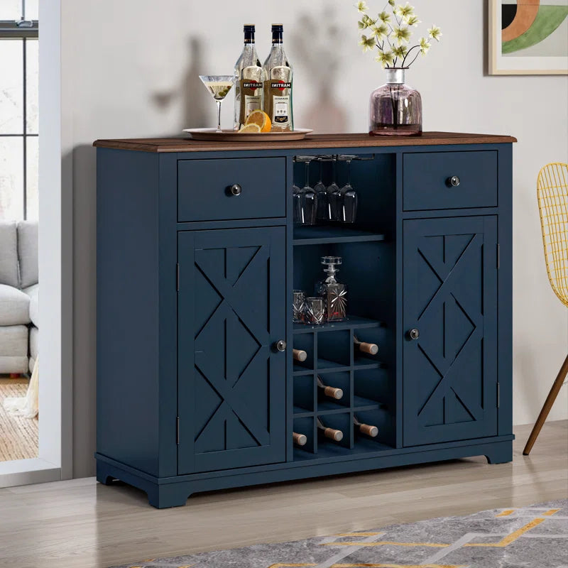 Adouer Wood "Elegant Navy Blue Solid Sheesham Wooden Bar Cabinet with Wine Rack and Glass Storage"