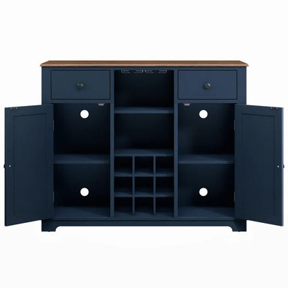 Adouer Wood "Elegant Navy Blue Solid Sheesham Wooden Bar Cabinet with Wine Rack and Glass Storage"