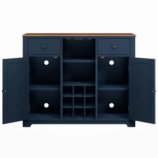 Adouer Wood "Elegant Navy Blue Solid Sheesham Wooden Bar Cabinet with Wine Rack and Glass Storage"