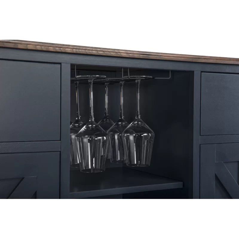 Adouer Wood "Elegant Navy Blue Solid Sheesham Wooden Bar Cabinet with Wine Rack and Glass Storage"