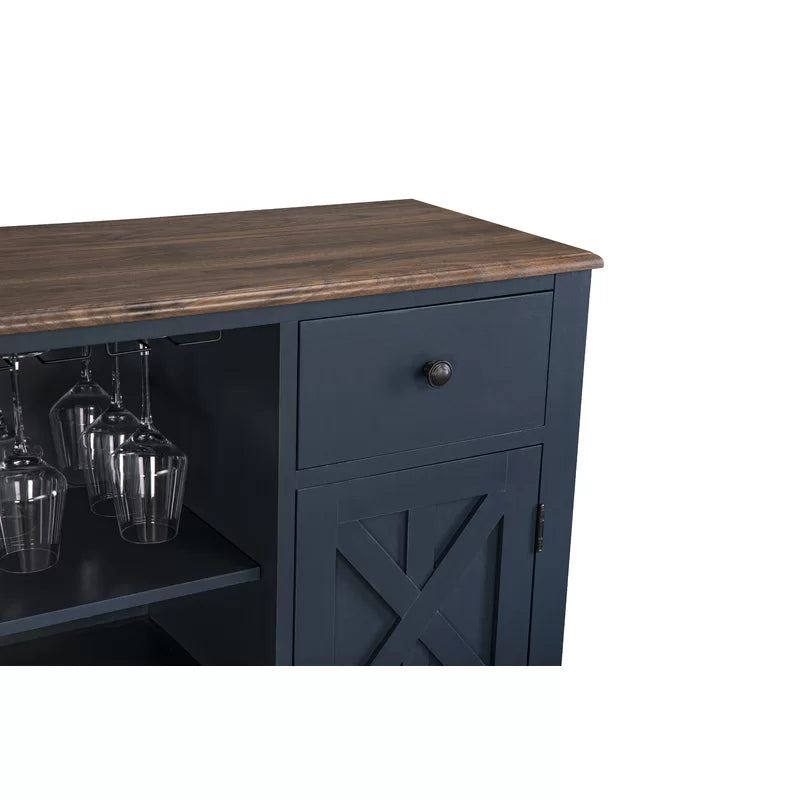 Adouer Wood "Elegant Navy Blue Solid Sheesham Wooden Bar Cabinet with Wine Rack and Glass Storage"