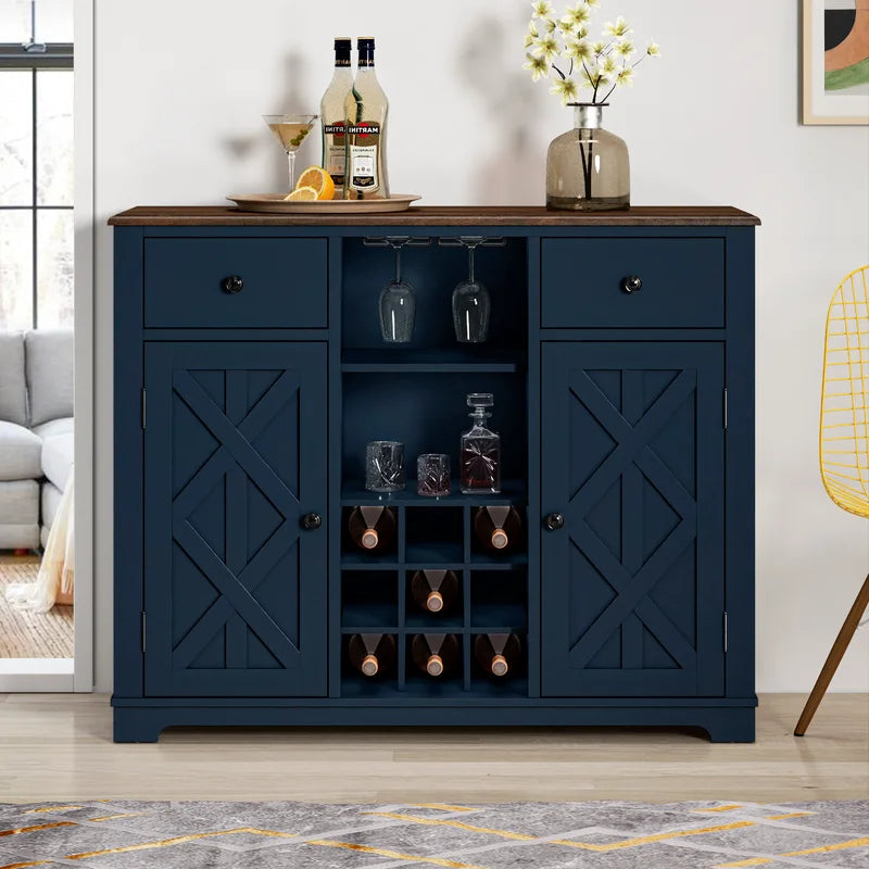 Adouer Wood "Elegant Navy Blue Solid Sheesham Wooden Bar Cabinet with Wine Rack and Glass Storage"