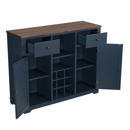 Adouer Wood "Elegant Navy Blue Solid Sheesham Wooden Bar Cabinet with Wine Rack and Glass Storage"