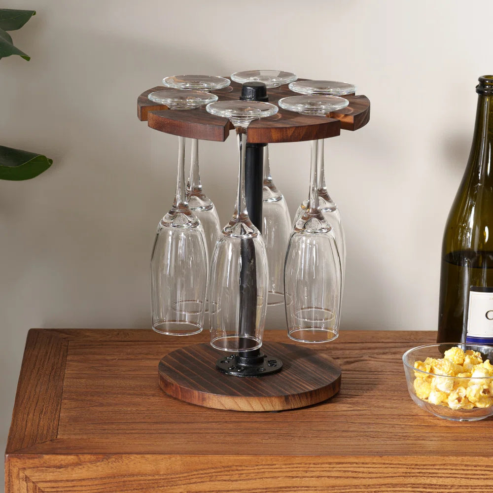 Adouer Wood "Elegant Wooden Wine Glass Stand with Metal Support - Holds 6 Glasses"